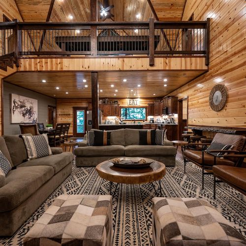 The lodge room seamlessly meets the kitchen area.