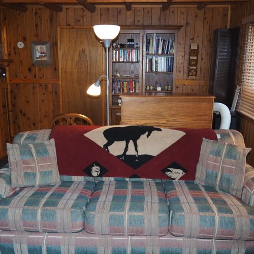 Living room:  the cabin has a very cozy and comfortable living room with a sofa, comfy chair, desk, book cabinet, gas fireplace, and a television with live streaming via roku.