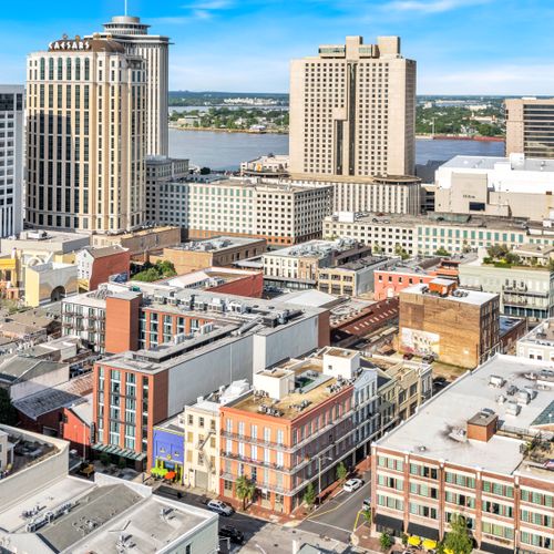 Stunning aerial view of Downtown New Orleans just steps from the French Quarter and riverfront.