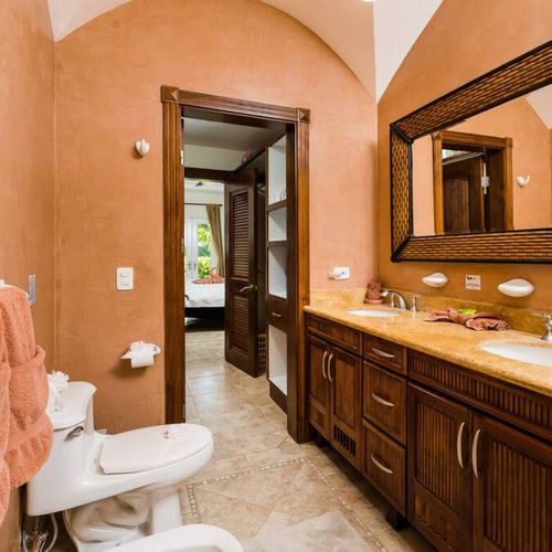 The bathroom is an ensuite, right off the master bedroom.
