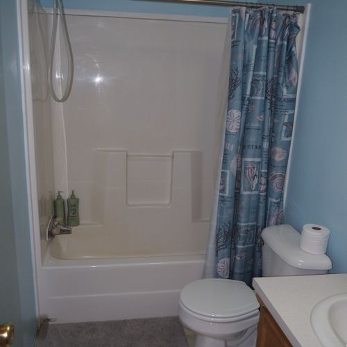 Bathroom #2:  this bathroom has a combination tub / shower, toilet, sink, vanity, mirror, and large closet.