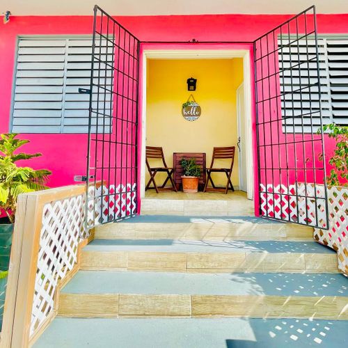 A colorful and unique entrance that sets the tone for your stay.