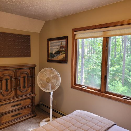 BEDROOM #3 (SECOND FLOOR):  Comfy bed with a queen-size bed, nightstand, and closet.