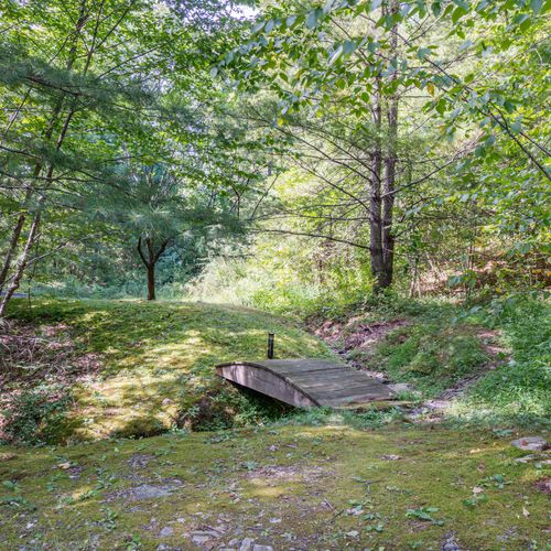 Over this miniature bridge lies a private pond, just steps away from the house.