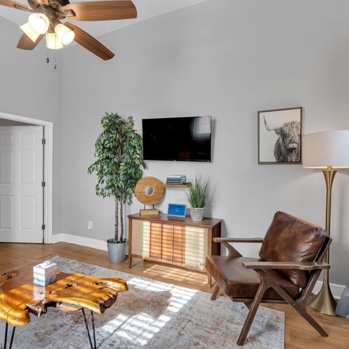 Cozy gray sofa w/ vibrant throw pillows & local Book NOLA touches.