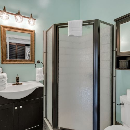 Walk-in shower and classic New Orleans charm
