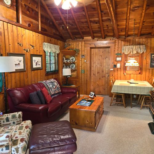 Living room:  the cabin has a very comfy and cozy living room with a sofa, comfy chair, gas fireplace, coffee table, and live streaming television with roku
