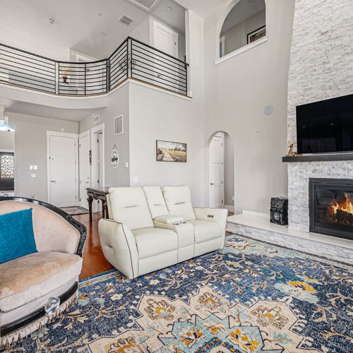 Grand stone fireplace in the great room