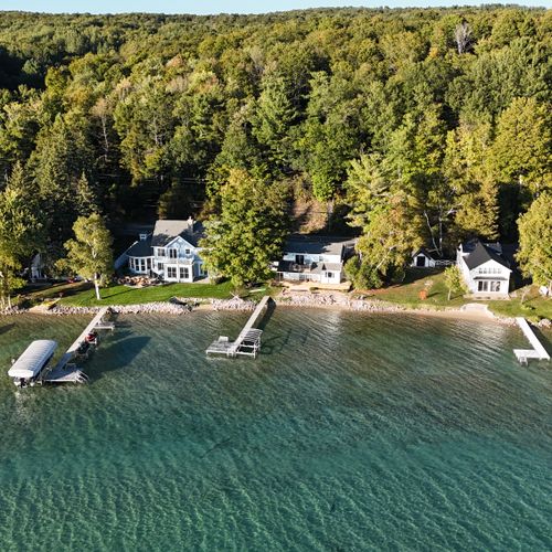 EXTERIOR:  Aerial view of the north shore of Crystal Lake just in front of the cabin