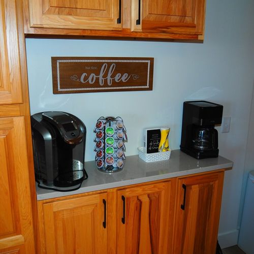 Kitchen:  the cottage has a newly-remodeled kitchen with all modern appliances, including a dishwasher and a little coffee bar. There is also a good supply of cooking and dining utensils provided.