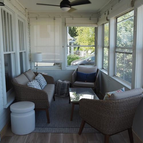 Exterior:  the front porch provides for a great place to relax and/or chat while enjoying the beauty of crystal lake.