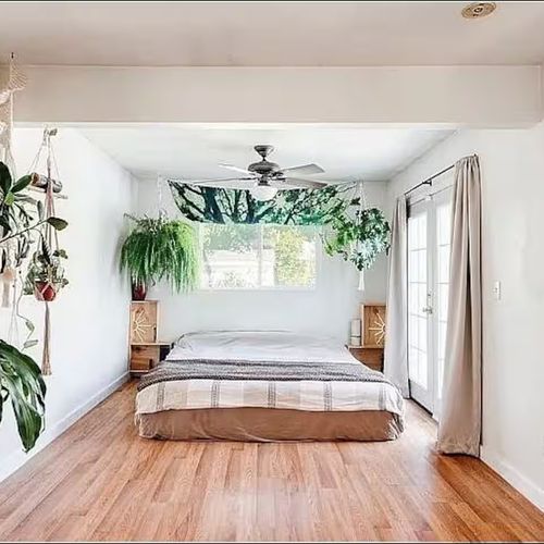 Sleep fresh in style—surrounded by indoor plants, clean design, and outdoor freshness right outside.