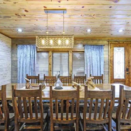 Custom-built ranch house table designed to accommodate 14 guests.