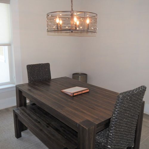 Dining room:  lovely dining room with a dining table, seating for 6 adults, and a beautiful chandelier!
