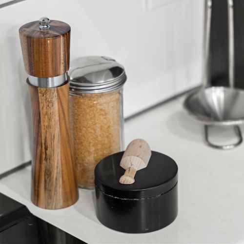 Basic kitchen supplies including salt, pepper, and cooking essentials.