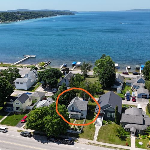 OVERVIEW:  Aerial photo with Crystal Lake, the public boat ramp, public fishing pier, and Beulah Public Beach in the background.