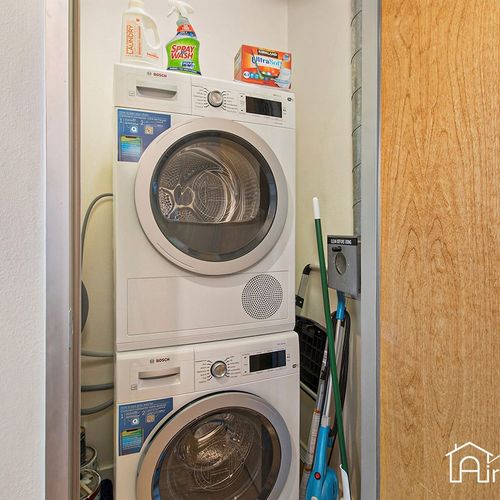 - full sized washer and dryer make long stays or quick refreshes super convenient
- laundry closet includes detergent, dryer sheets, and space for cleaning tools
- stay fresh and travel light with this practical, guest ready amenity