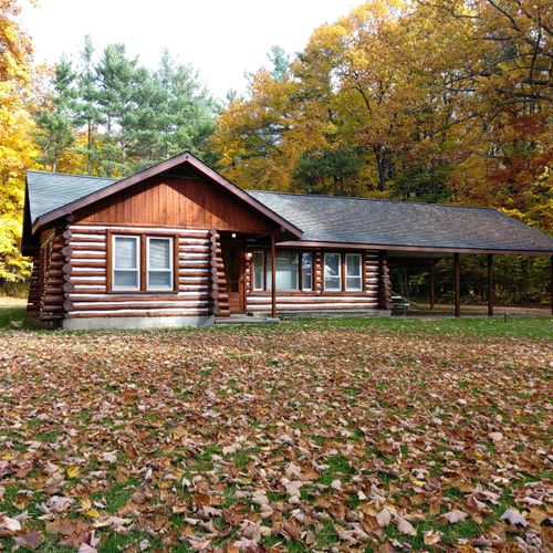 Overall:  the front of the cabin in fall.