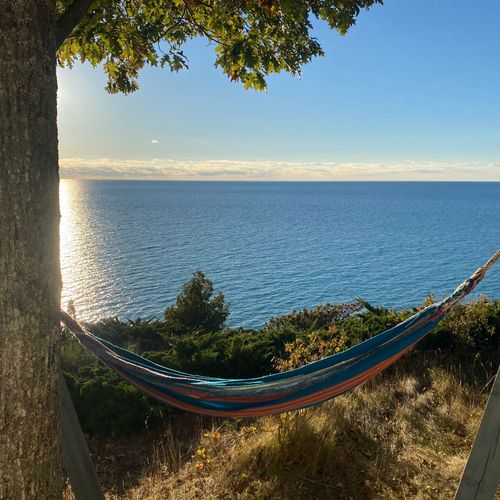EXTERIOR:  The relaxing hammock in front of the deck and overlooking Lake Michigan