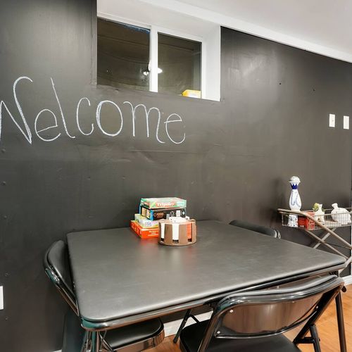 - enjoy a round of your favorite board game or card match at this casual table
- chalkboard backdrop makes it interactive and playful for all ages
- whether it’s family night or a friendly challenge, this spot is ready to host