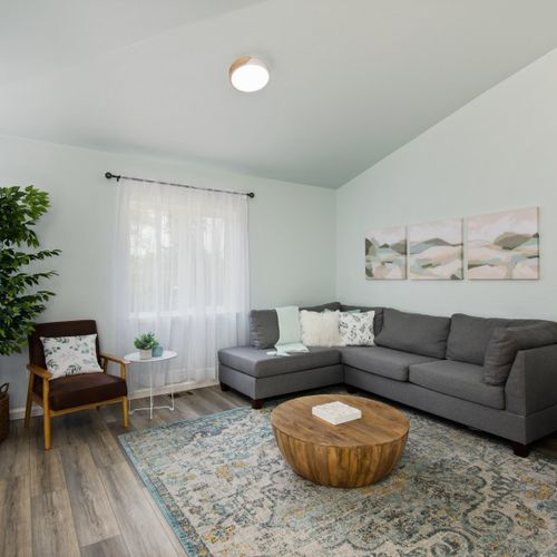 This modern home is fully renovated with modern furniture and bohemian accents to provide an inviting atmosphere.