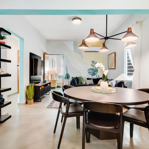 A modern area for dining and socializing, with a chic look.