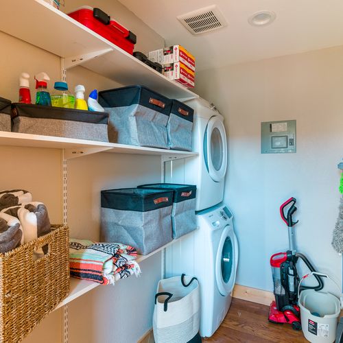 A washer & dryer and extra cleaning supplies are provided. More storage is also available for use during your stay. The laundry room is also stocked with towels for the hot tub.