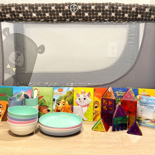 For families: pack n play, books, dinnerware, and magnetic tiles!