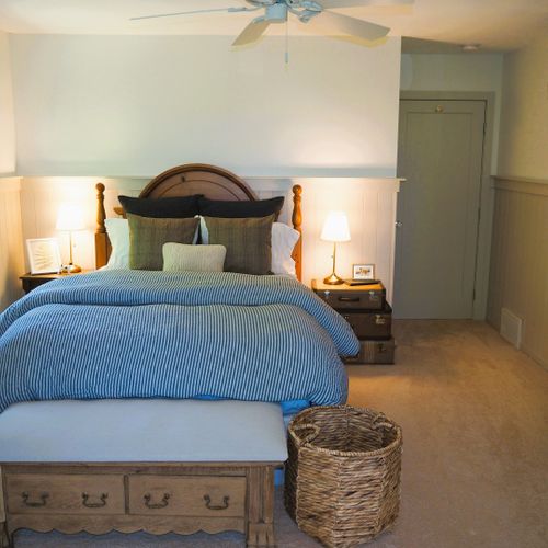 Bedroom #3 (second floor):  features a queen-size bed, ceiling fan, desk, dresser, and great views of the backyard, long lake, and sleeping bear dunes.
