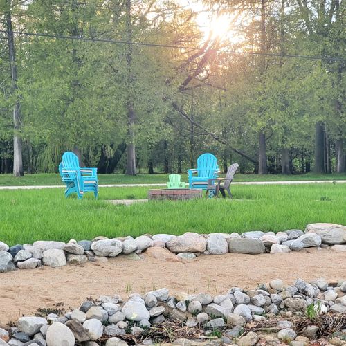 OVERVIEW:  Another view of the private sandy beach and the private bonfire ring.