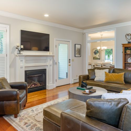 Gas fireplace for ambiance and a Smart TV for movie night make the living room the place for cozy nights indoors.