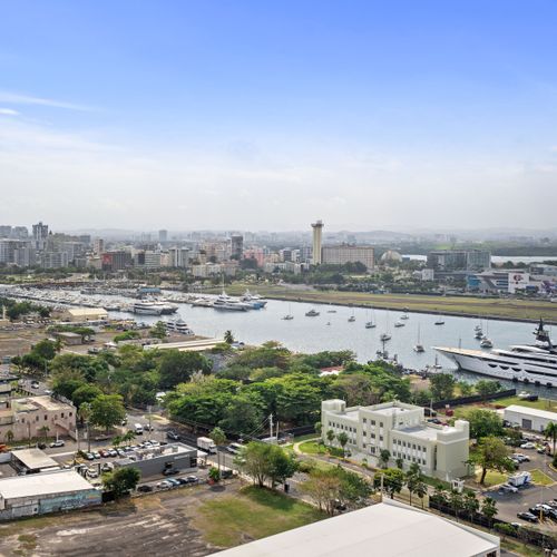 Elevated view of a vibrant waterfront district, where a fleet of boats and yachts rest in the embrace of the city's skyline, all under the watchful eye of a gentle sky