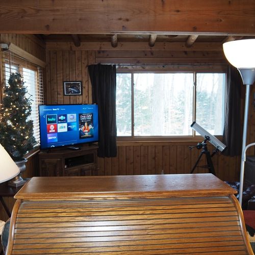 Living room:  the cabin has a very cozy and comfortable living room with a sofa, comfy chair, desk, book cabinet, gas fireplace, and a television with live streaming via roku.