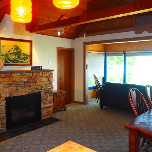 Living room:  large living room with a fireplace and a great view of platte lake
