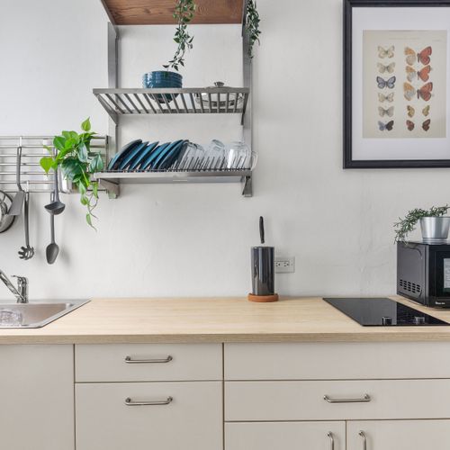 A cozy kitchen setup with everything you need to whip up delicious meals.