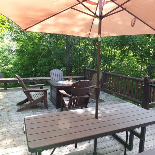 Exterior:  the backyard deck in the summer