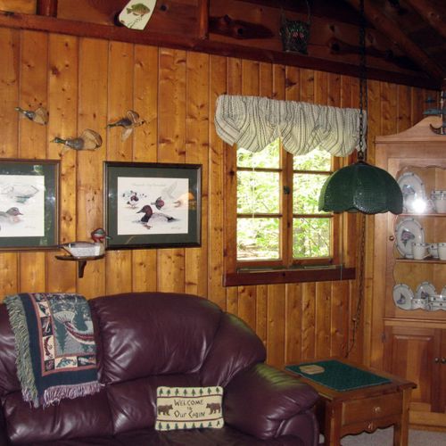 Living room:  the cabin has a very comfy and cozy living room with a sofa, comfy chair, gas fireplace, coffee table, and live streaming television with roku