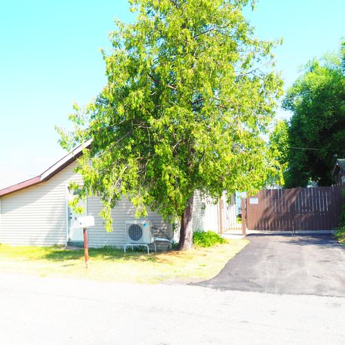 Exterior:  the front of the house and driveway in the summer