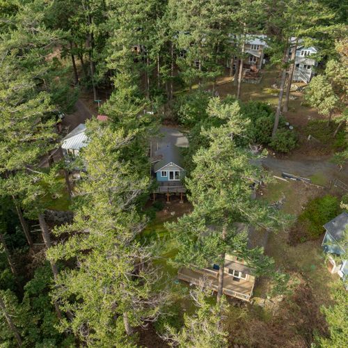 Quiet neighborhood of scattered cabins with trees for privacy.
