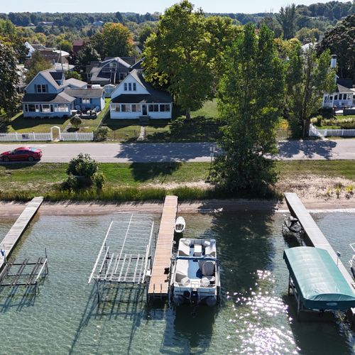 EXTERIOR:  An aerial view from above Crystal Lake just in front of the cottage.