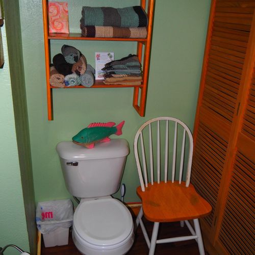 Bathroom:  very cute little bathroom with a sink, vanity, mirror, toilet, shower, and chair.