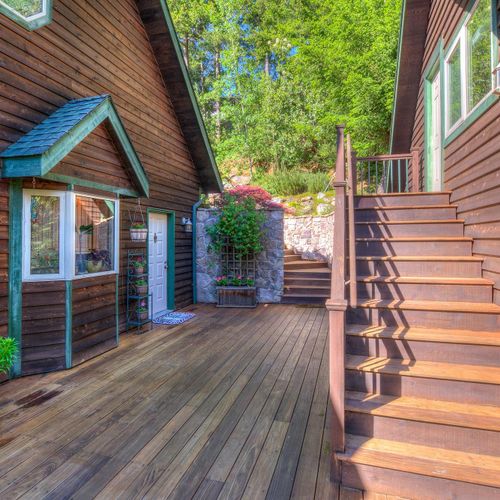 The entry to both the main house and the stairs up to the Studio bunkhouse.