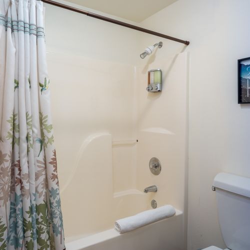 Guest Bathroom with single vanity and separate shower/tub combo and water closet.