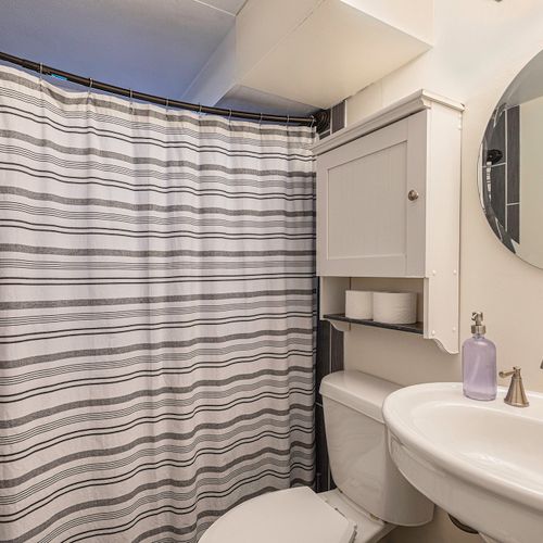 Get ready for a day of adventure in our lower level bathroom, complete with complimentary toiletries during your stay.