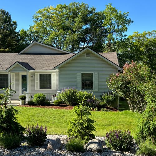Exterior:  the front of the house in summer.