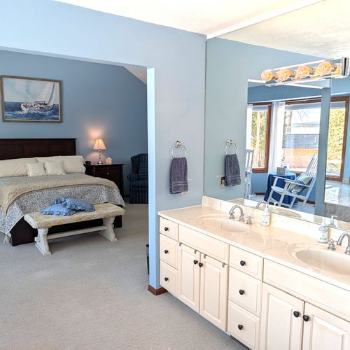 BATHROOM #2 (SECOND FLOOR):  This is a large private ensuite full bathroom for Bedroom #2.  Features a gorgeous jetted bathtub with a great view of Big Platte Lake from the bathtub!