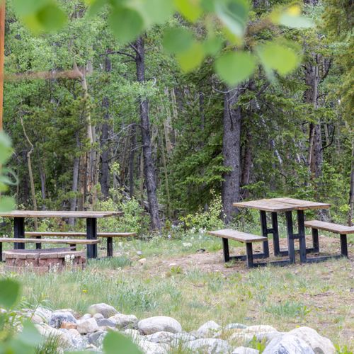 Take your meals outside—this bench table’s waiting in the woods.