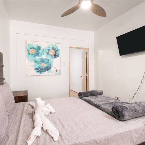 Relaxing bedroom with soothing color palette.