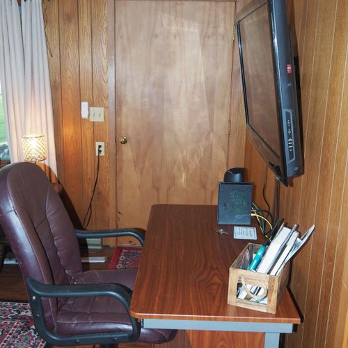 Living room:  the desk and television that are in the living room.
