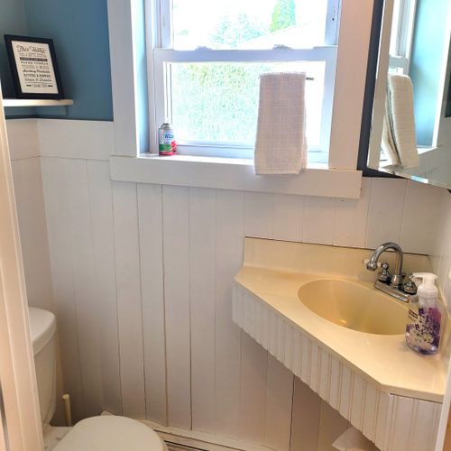 Bathroom #1 (larger house, main floor):  half bathroom on the main floor near the main entrance.